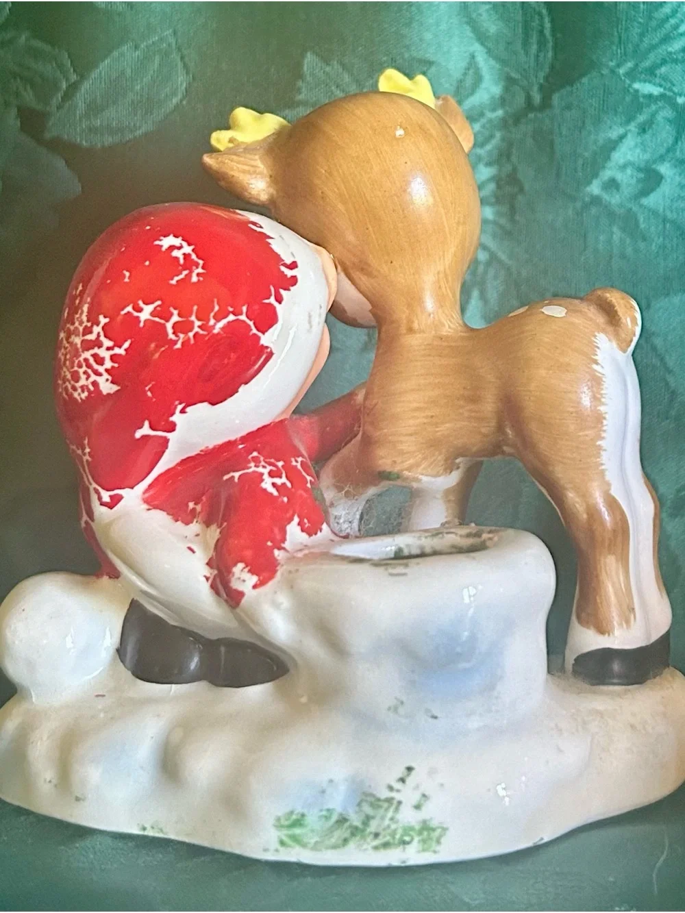 Lefton Red White and Brown Elf Hugging Reindeer Figurine